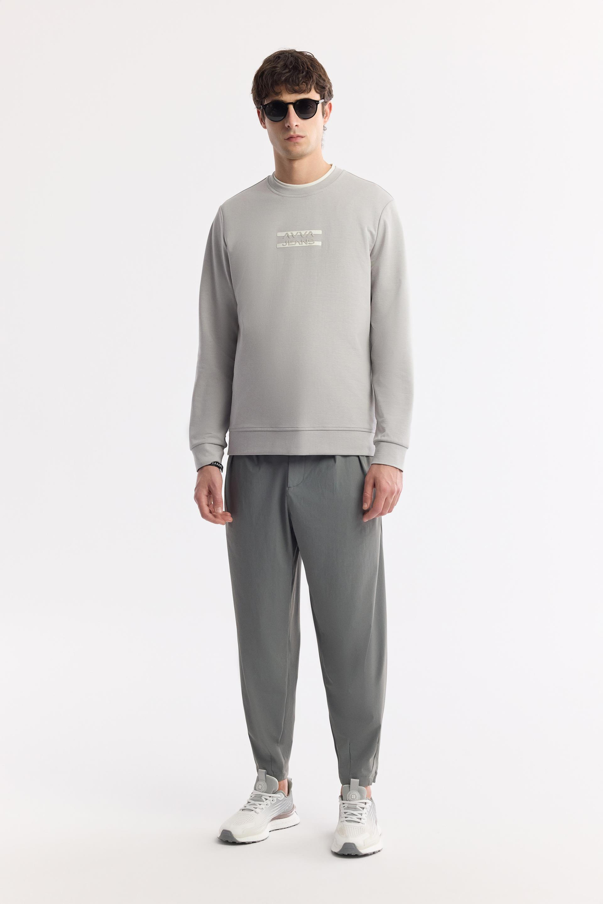 Gri Bisiklet Yaka Silikon Transfer Baskılı İnterlok Sweatshirt