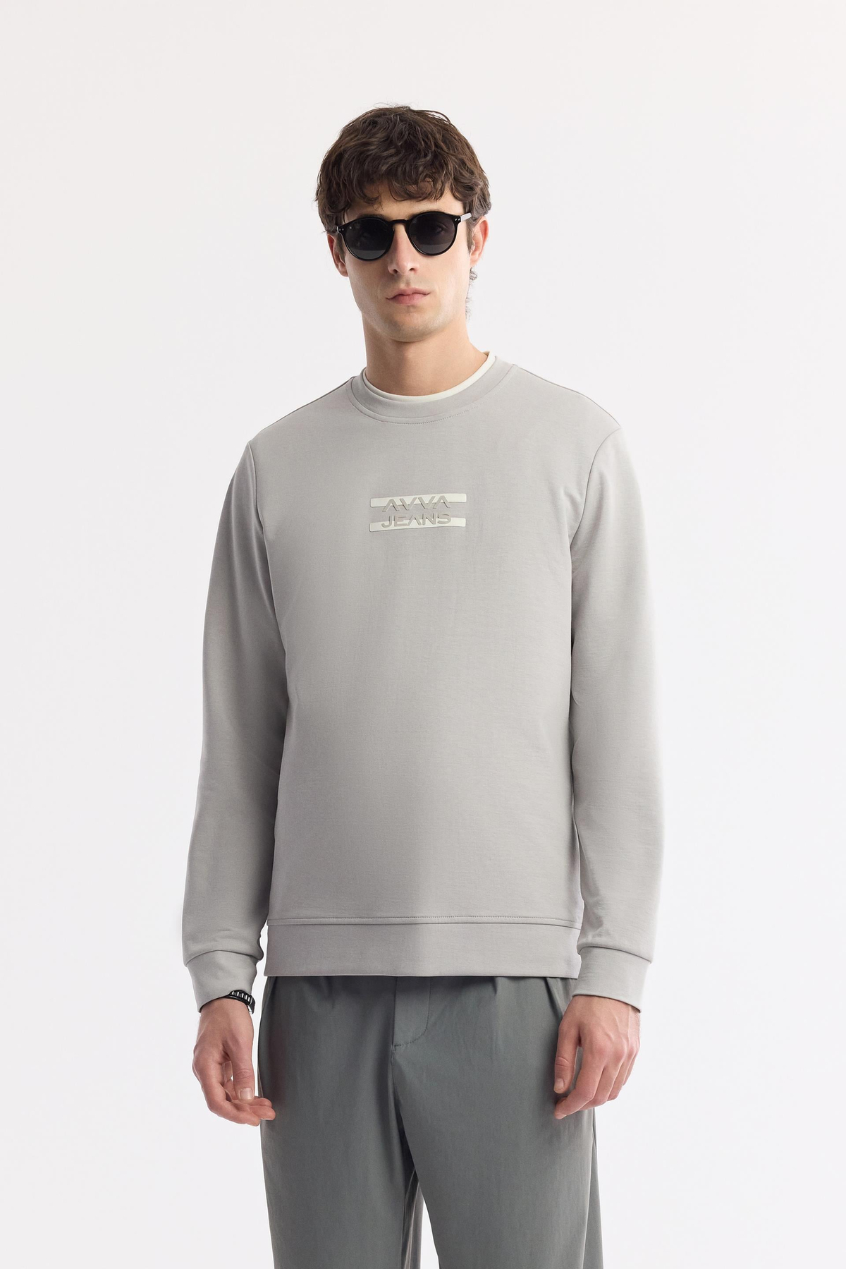 Gri Bisiklet Yaka Silikon Transfer Baskılı İnterlok Sweatshirt