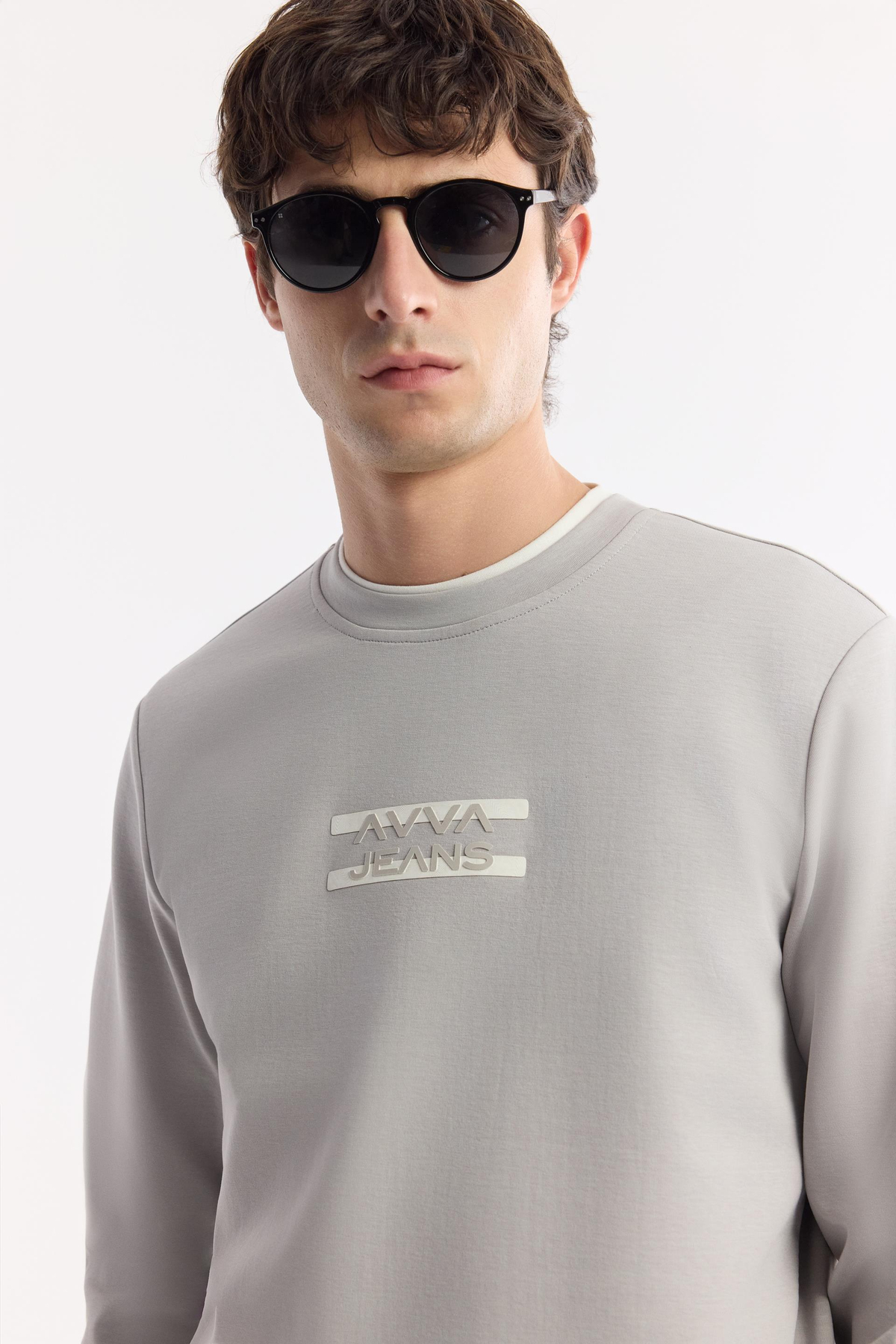 Gri Bisiklet Yaka Silikon Transfer Baskılı İnterlok Sweatshirt