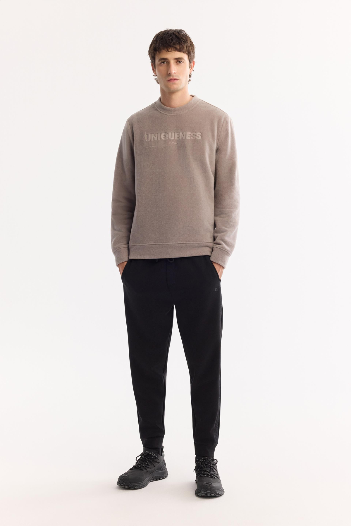 Gri Bisiklet Yaka Slogan  Baskılı Polar Sweatshirt