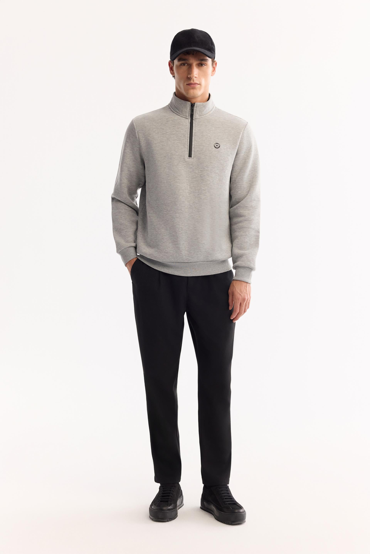 Gri Dik Yaka Fermuarlı 3 İplik Şardonlu Sweatshirt