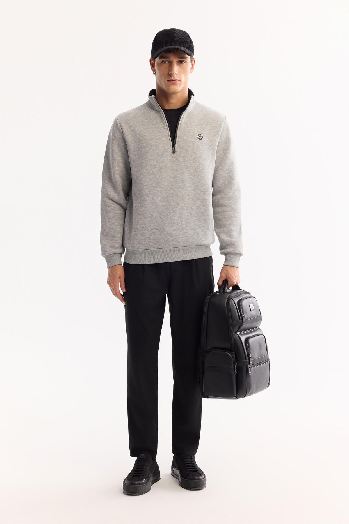 Gri Dik Yaka Fermuarlı 3 İplik Şardonlu Sweatshirt