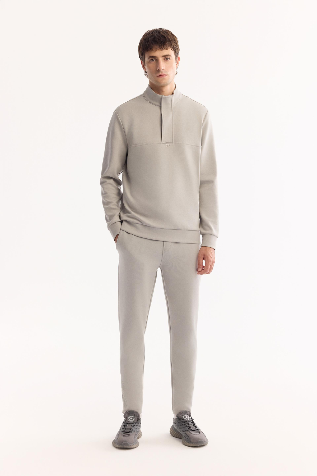 Gri Dik Yaka  Fermuarlı Gizli Pat  İnterlok Sweatshirt