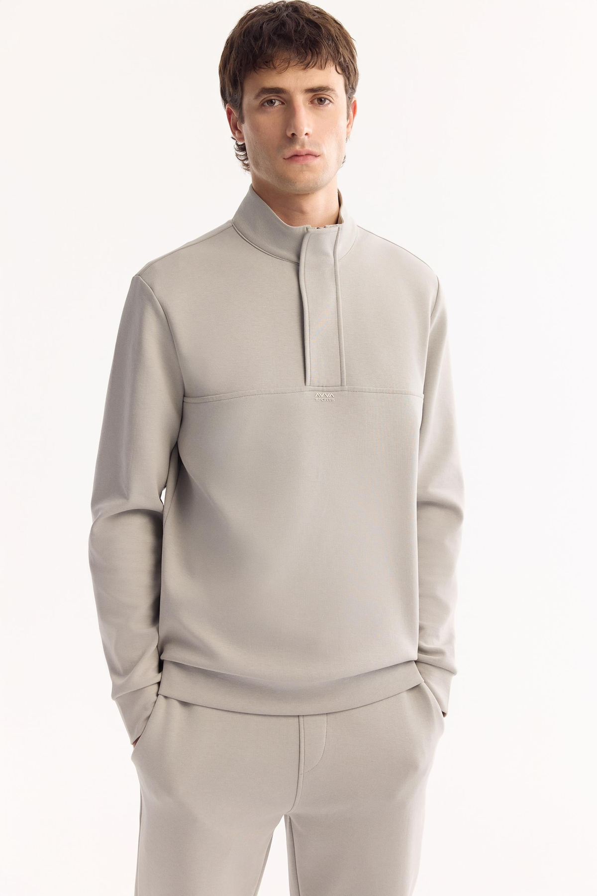 Gri Dik Yaka  Fermuarlı Gizli Pat  İnterlok Sweatshirt