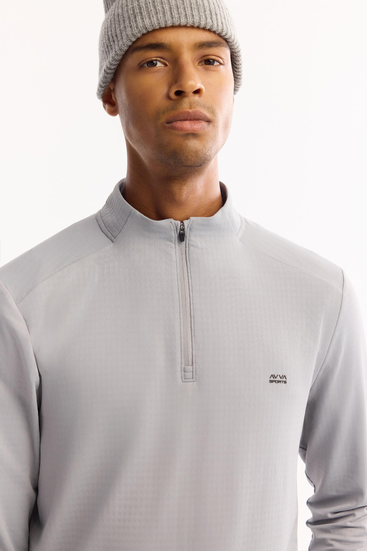 Gri Dik Yaka  Fermuarlı  Teknik Kumaş  Sweatshirt