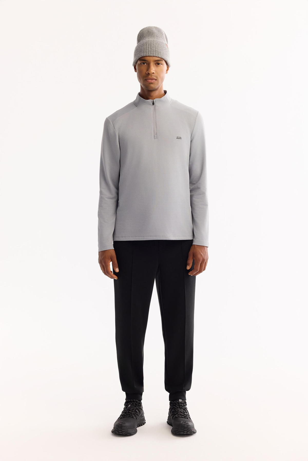 Gri Dik Yaka  Fermuarlı  Teknik Kumaş  Sweatshirt