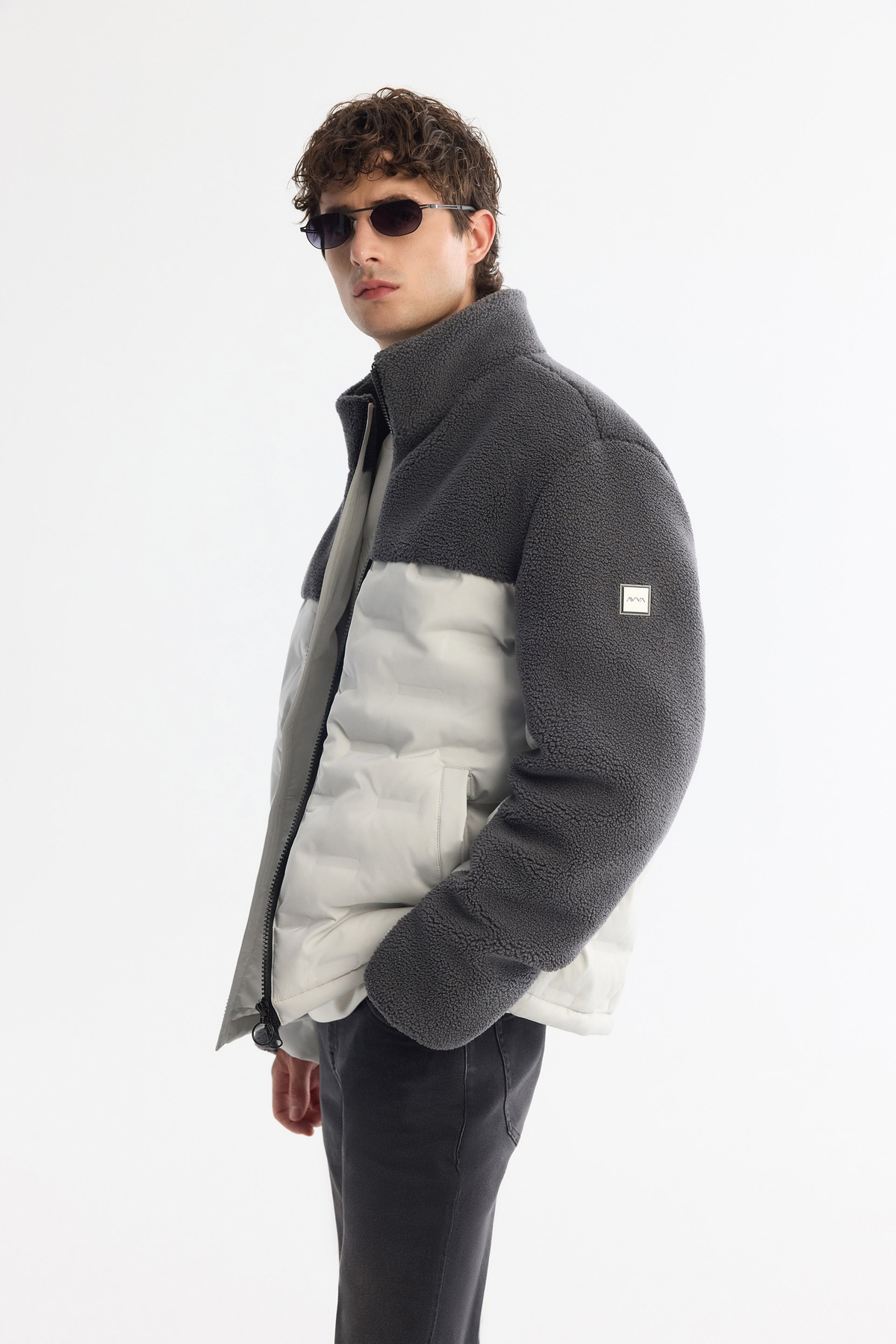Grey Windproof Fleece Detail Padded Jacket