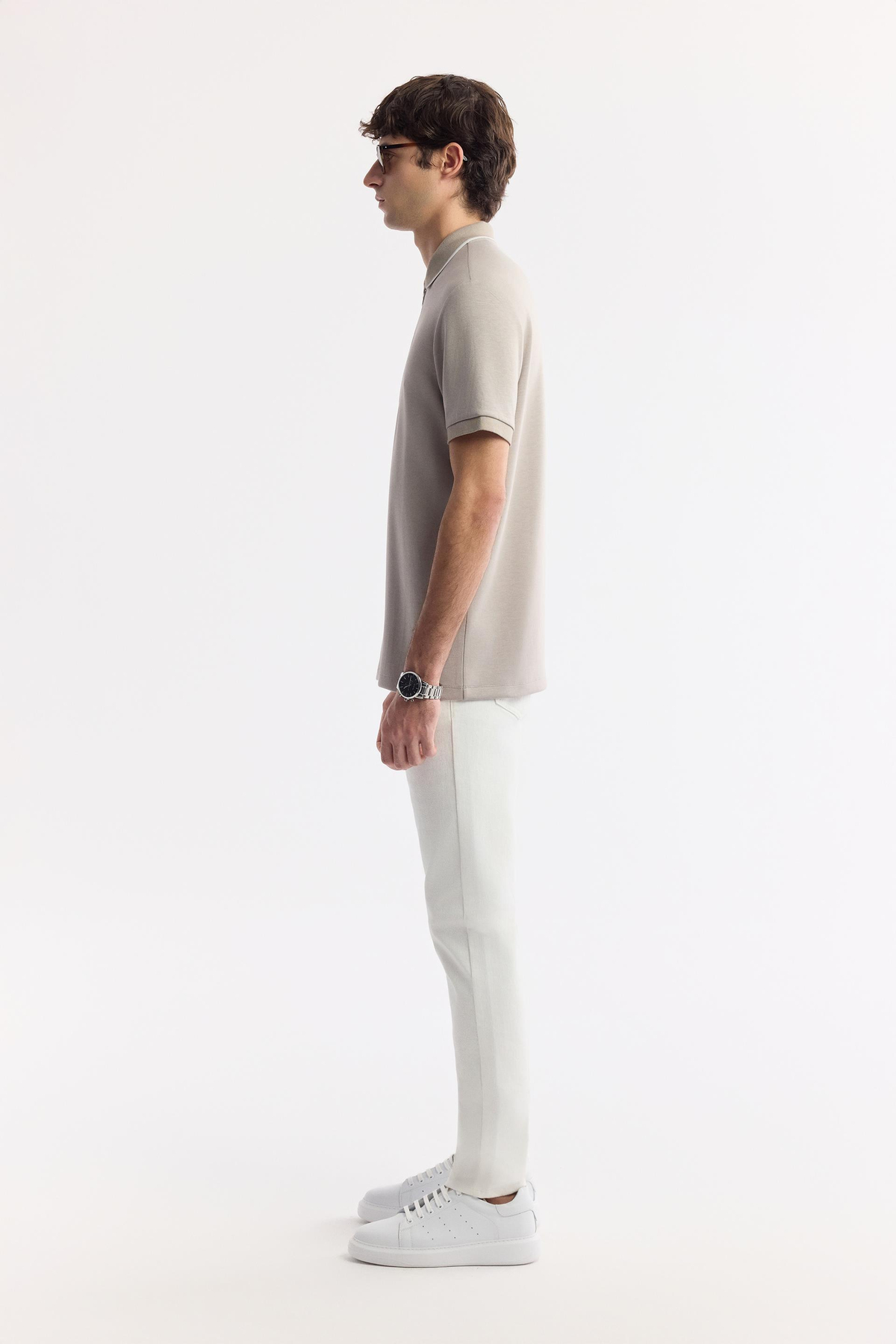 Gri Fermuarlı Polo Yaka Flexi Baskı Detaylı İnterlok T-Shirt