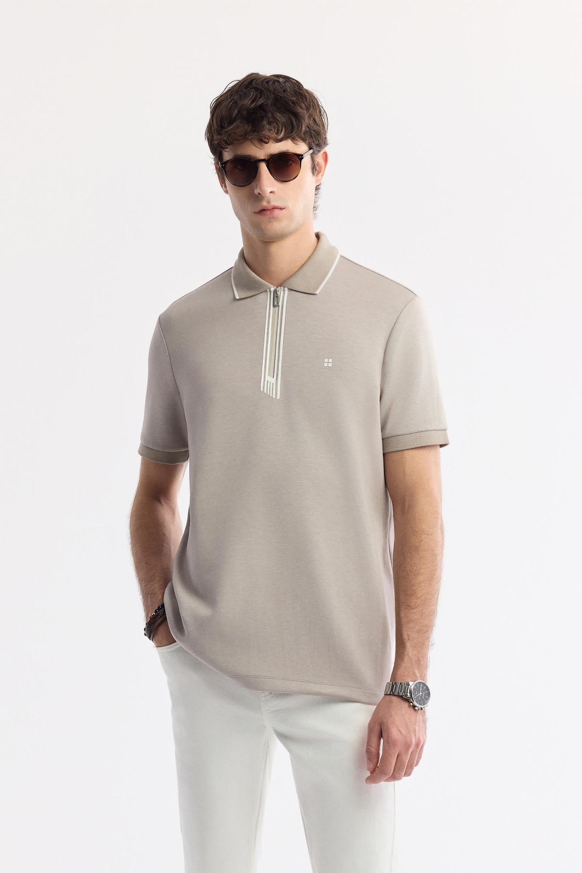 Gri Fermuarlı Polo Yaka Flexi Baskı Detaylı İnterlok T-Shirt