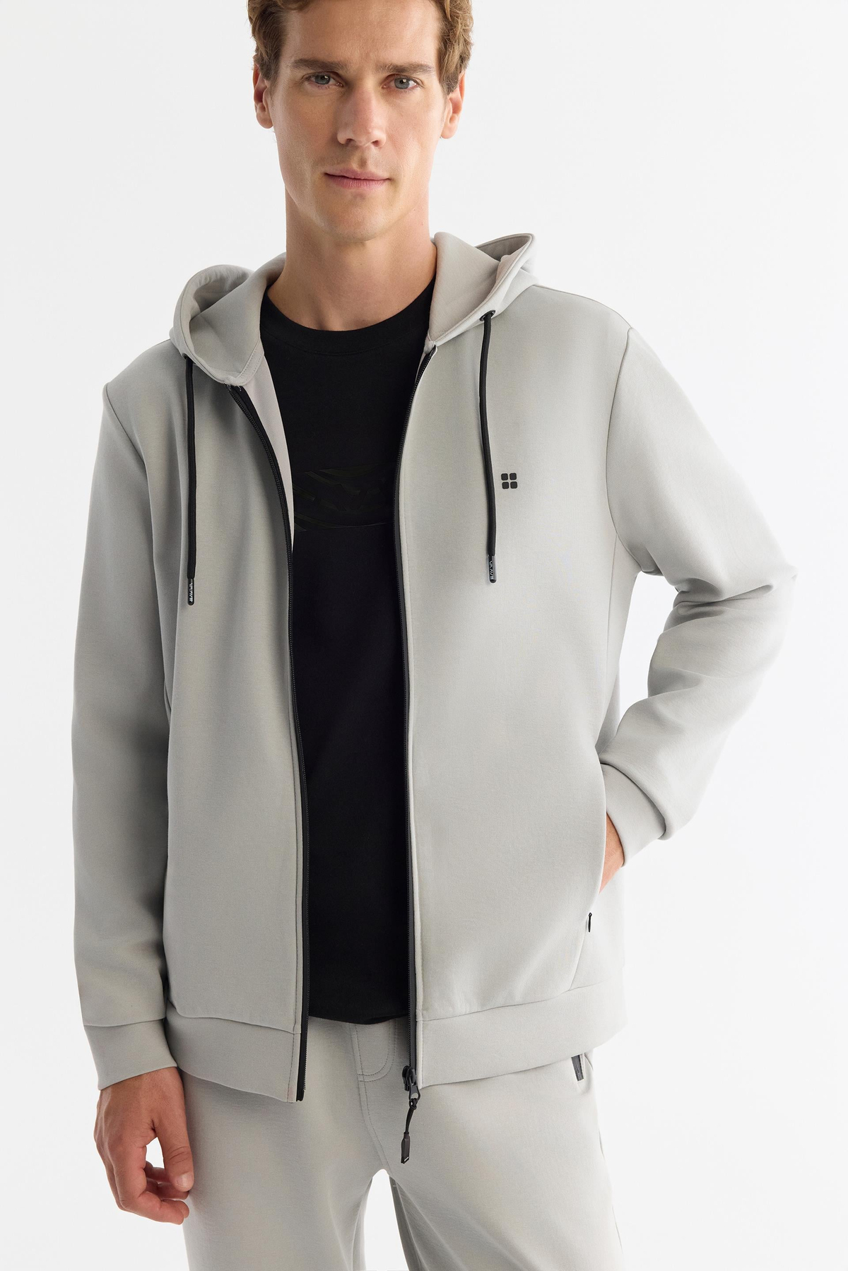 Gri Kapüşonlu İnterlok Kumaş Fermuarlı  Sweatshirt