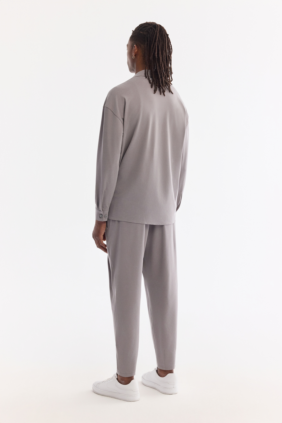 Gri Küba Yaka Lyocell Karışımlı Örme Oversize Fit Uzun Kollu Gömlek