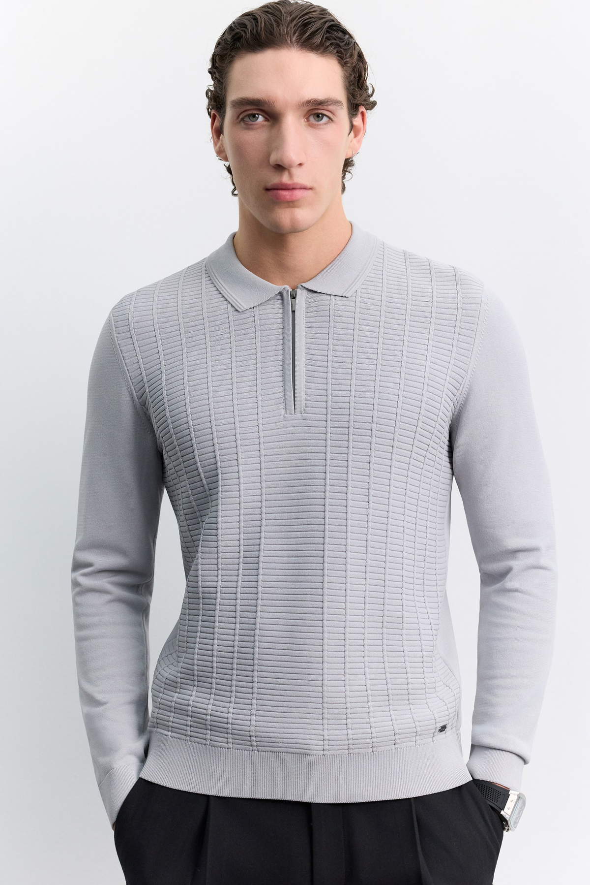 Gri Polo Polo Yaka Fermuarlı Rayon Karışımlı Kazak