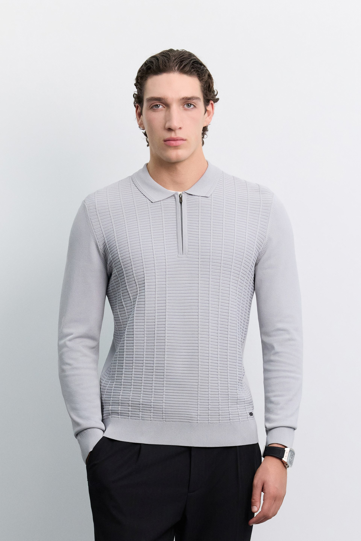 Gri Polo Polo Yaka Fermuarlı Rayon Karışımlı Kazak