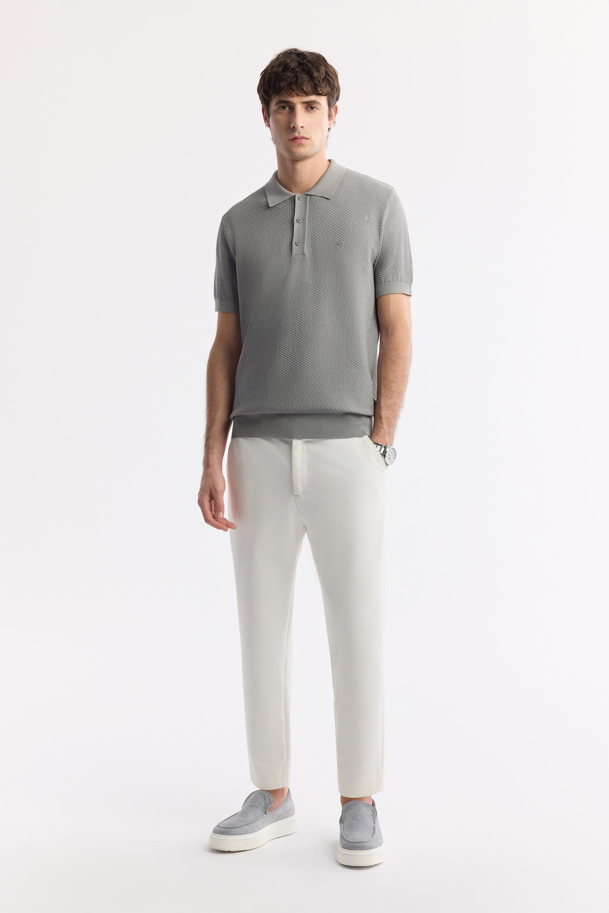 Gri Polo Yaka Dokulu Triko T-shirt