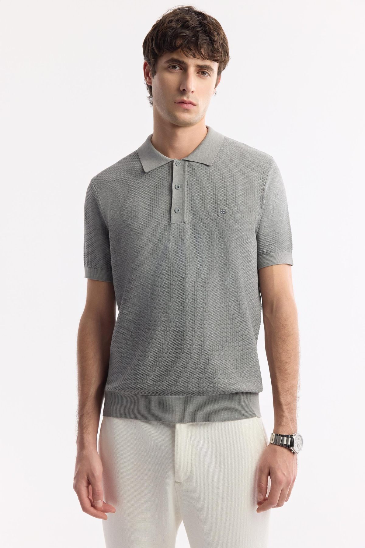 Gri Polo Yaka Dokulu Triko T-shirt