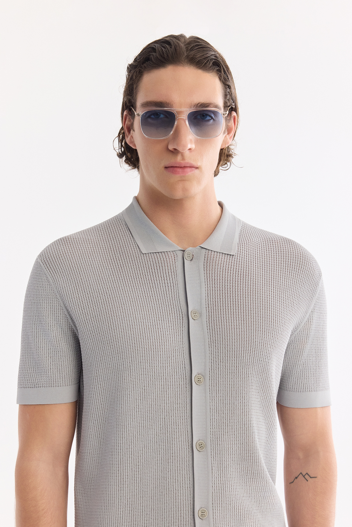 Gri Polo Yaka Önden Düğmeli Ajurlu Triko T-shirts