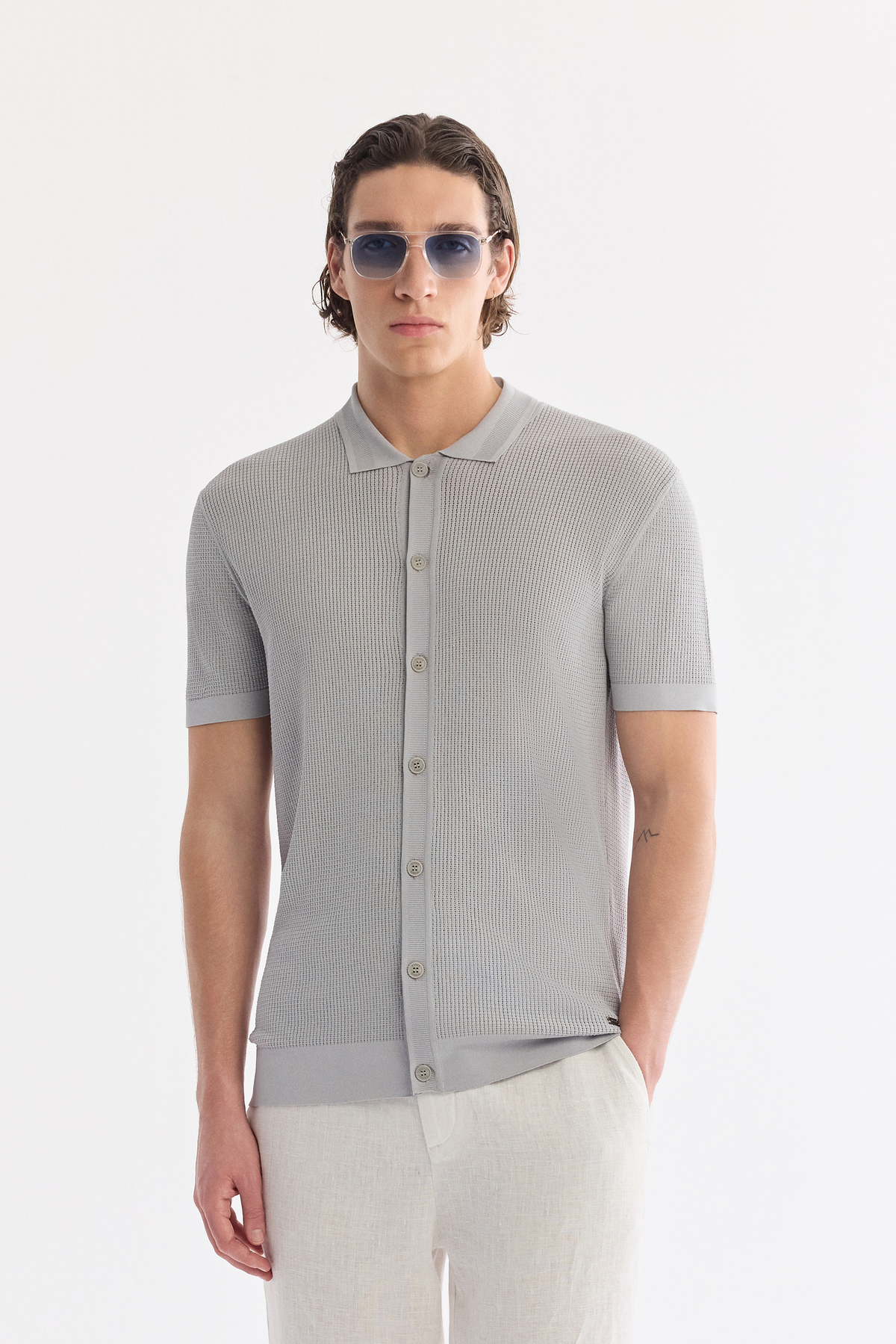Gri Polo Yaka Önden Düğmeli Ajurlu Triko T-shirts