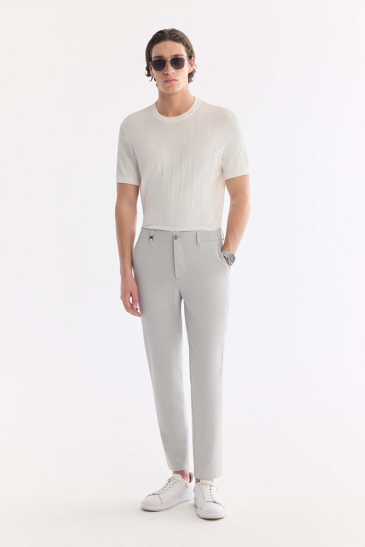 Gri Yan Cepli Gofre Çizgi Detaylı Beli Lastikli Slim Fit Lastikli Pantolon