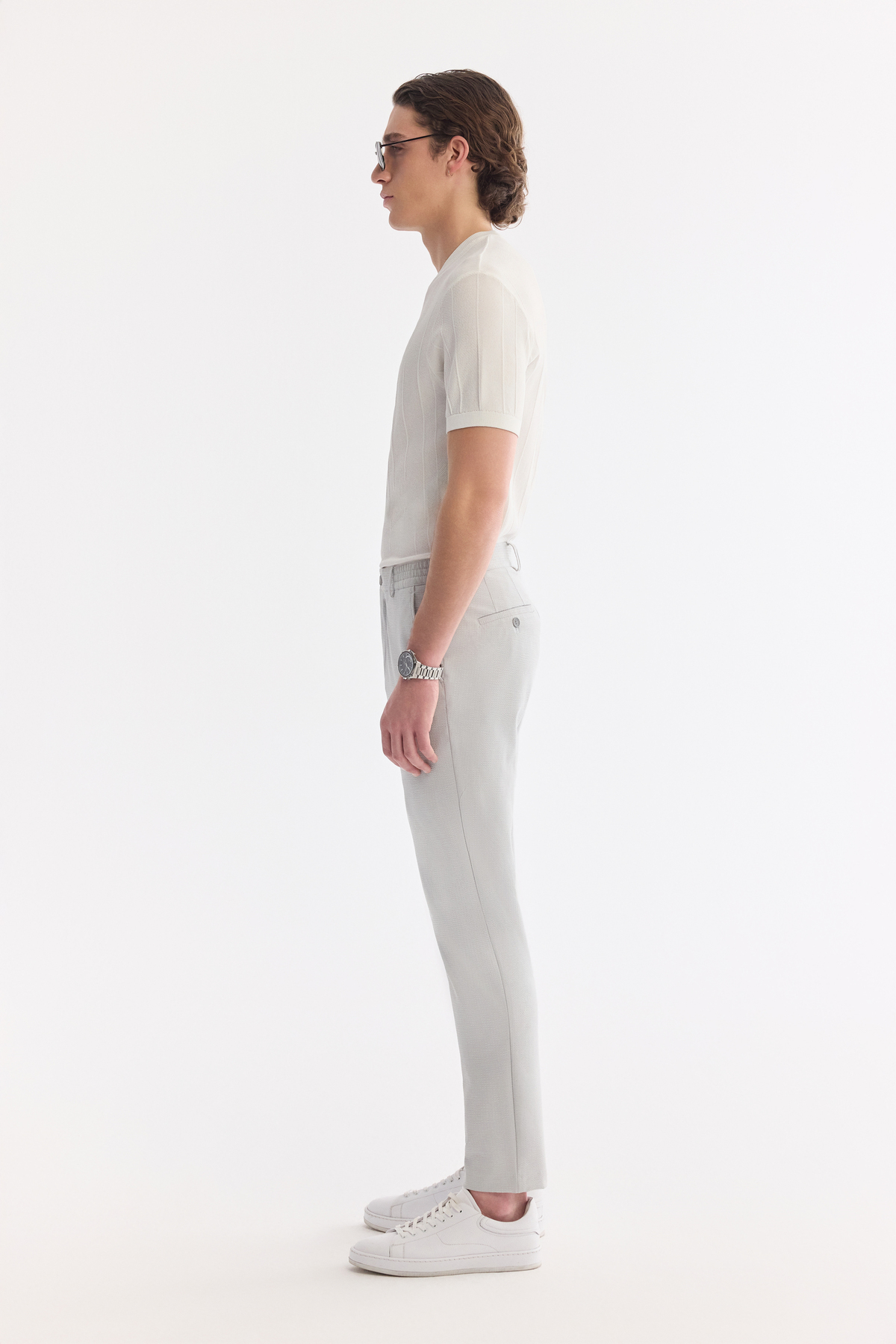 Gri Yan Cepli Gofre Çizgi Detaylı Beli Lastikli Slim Fit Lastikli Pantolon
