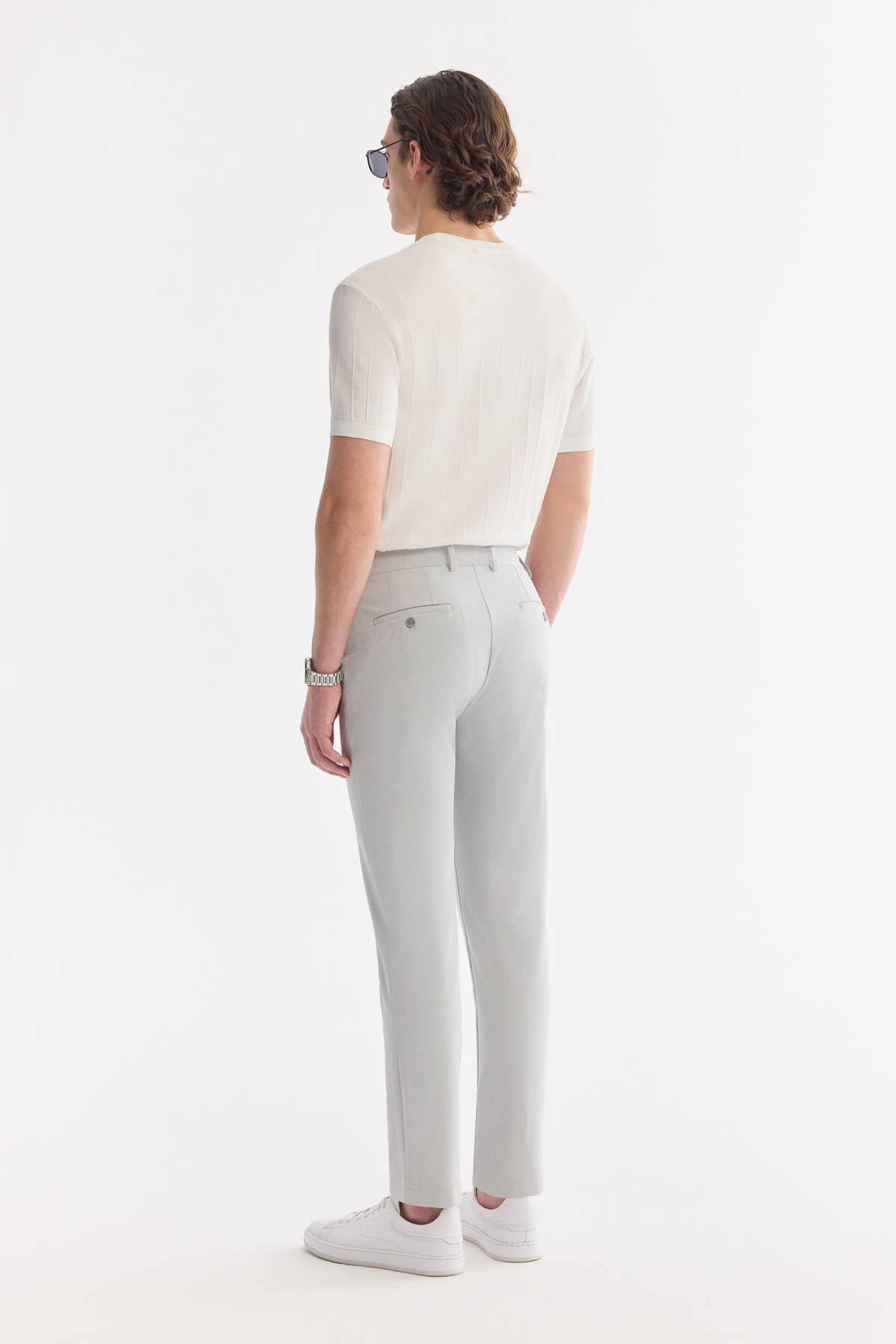 Gri Yan Cepli Gofre Çizgi Detaylı Beli Lastikli Slim Fit Lastikli Pantolon