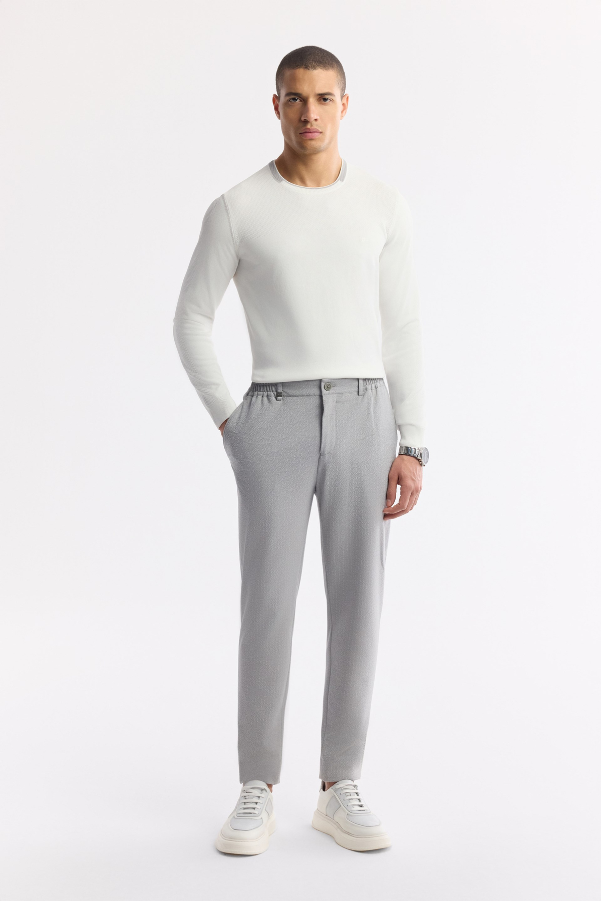 Grey Side Pocket Elastic Waist Bi-Stretch Technical Fabric Pants