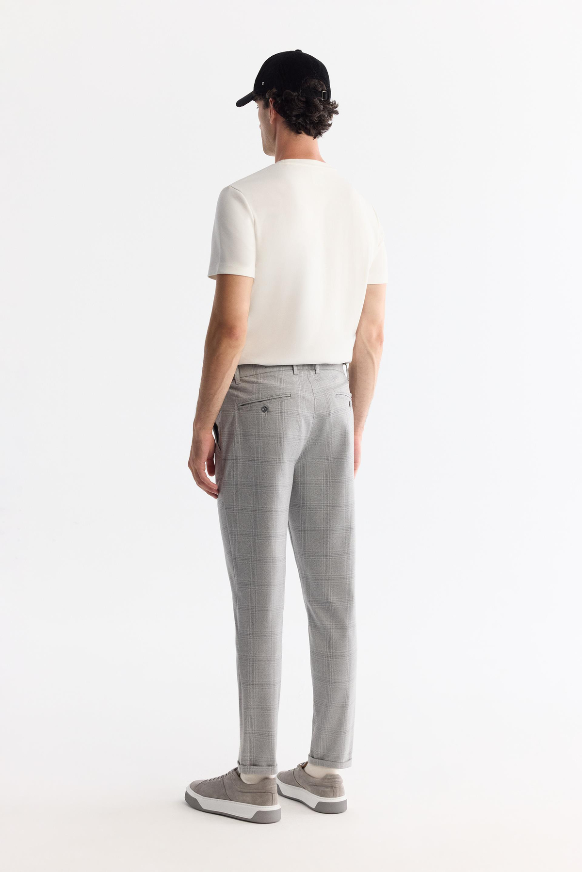 Gri Yanları Lastikli Ekose Duble Paça Slim Fit Jogger Pantolon