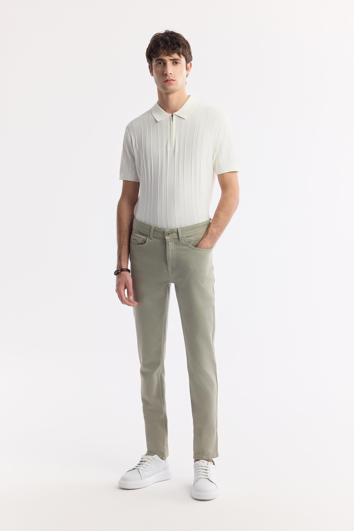 Haki Akar Boya Slim Fit Denim Pantolon