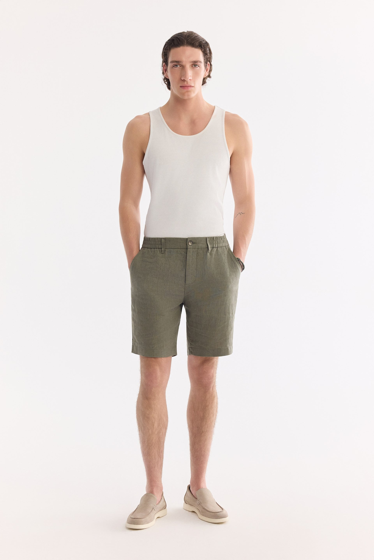 Khaki Elastic Waist 100% Linen Shorts