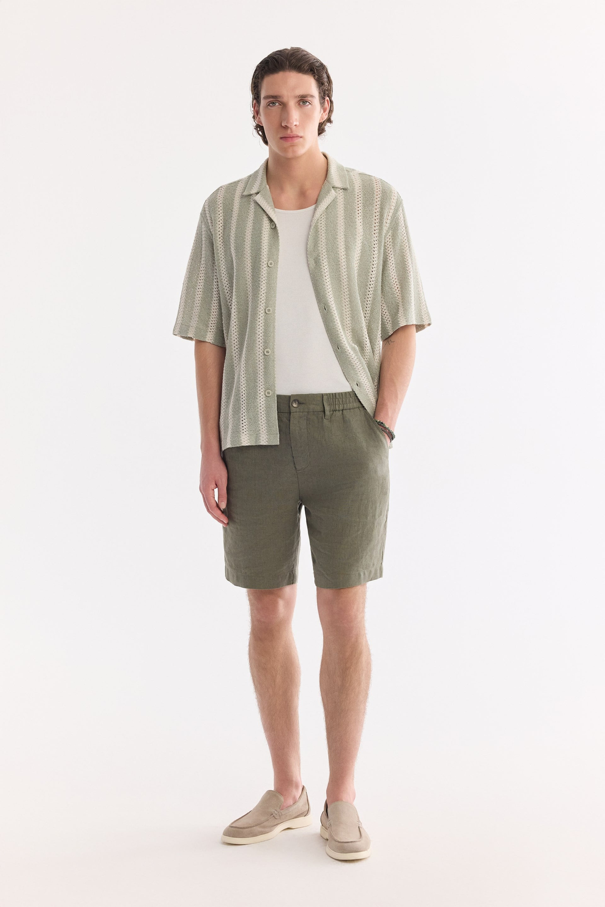 Khaki Elastic Waist 100% Linen Shorts