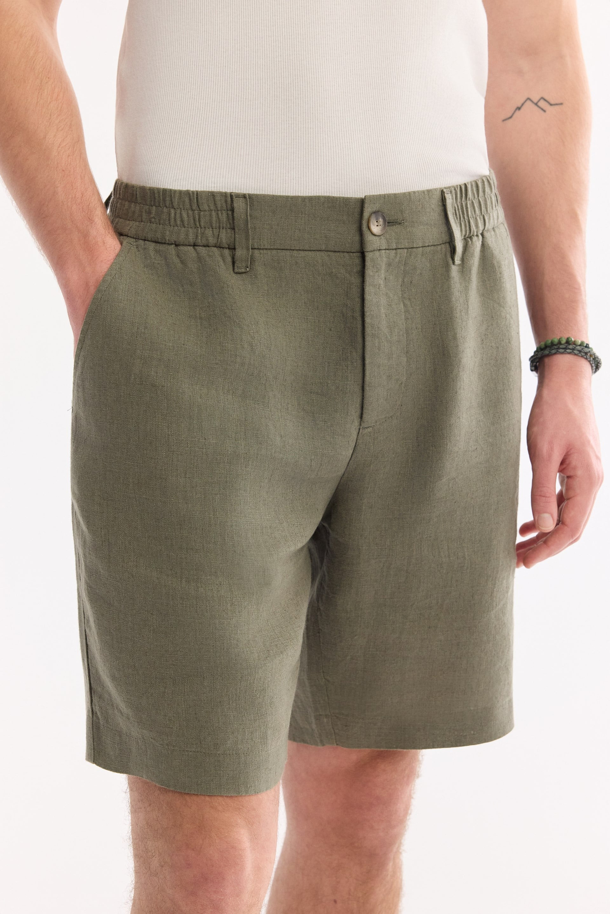 Khaki Elastic Waist 100% Linen Shorts