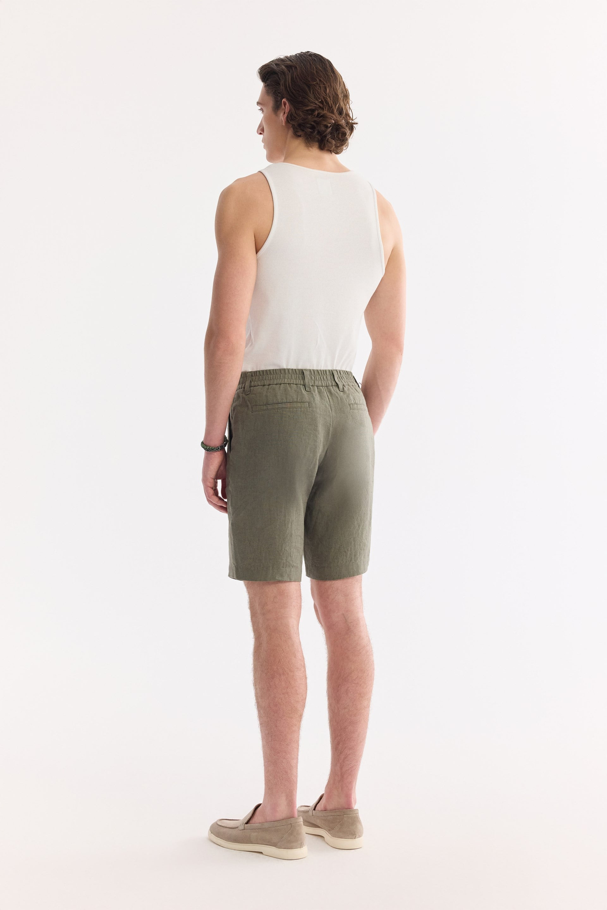 Khaki Elastic Waist 100% Linen Shorts