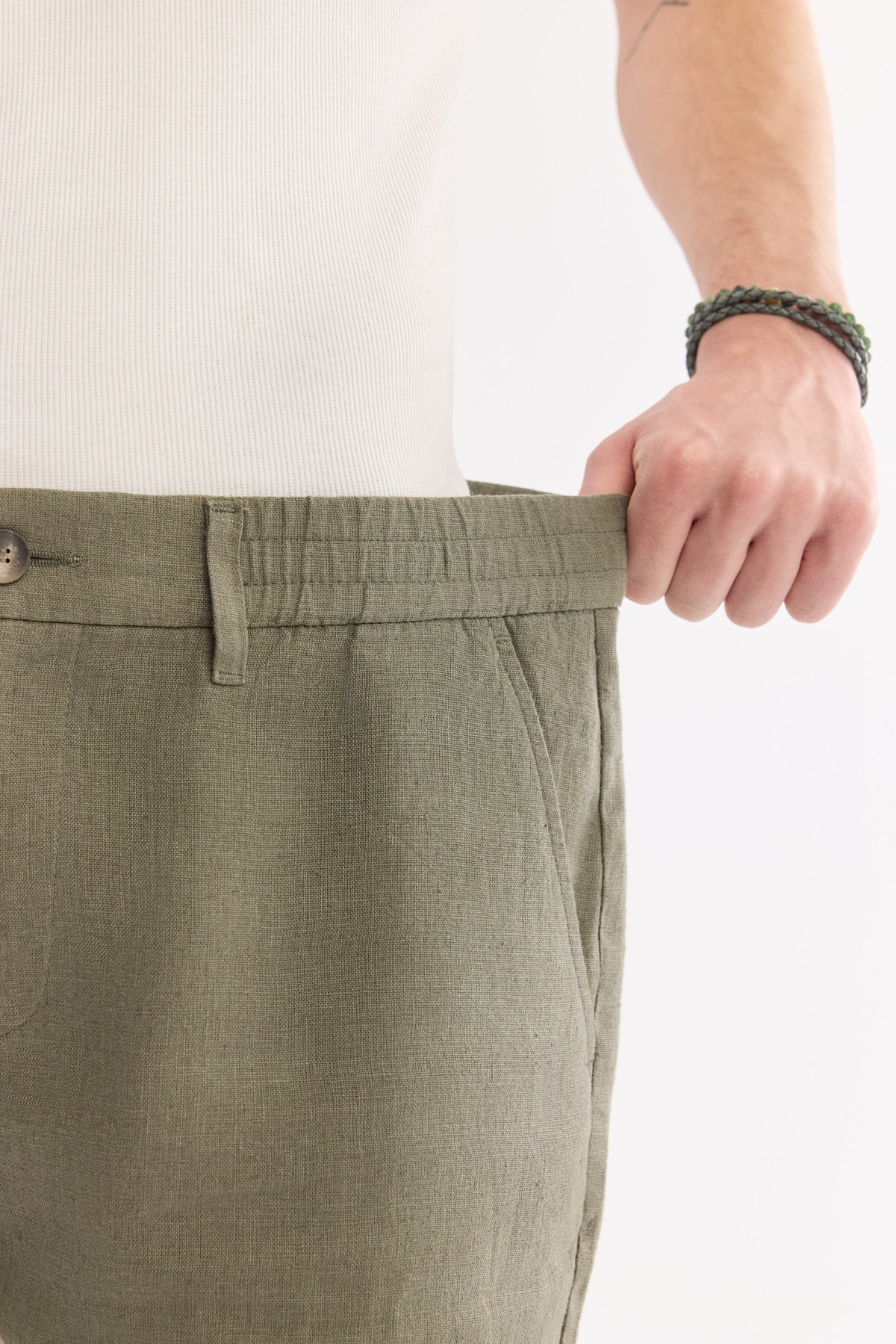 Khaki Elastic Waist 100% Linen Shorts