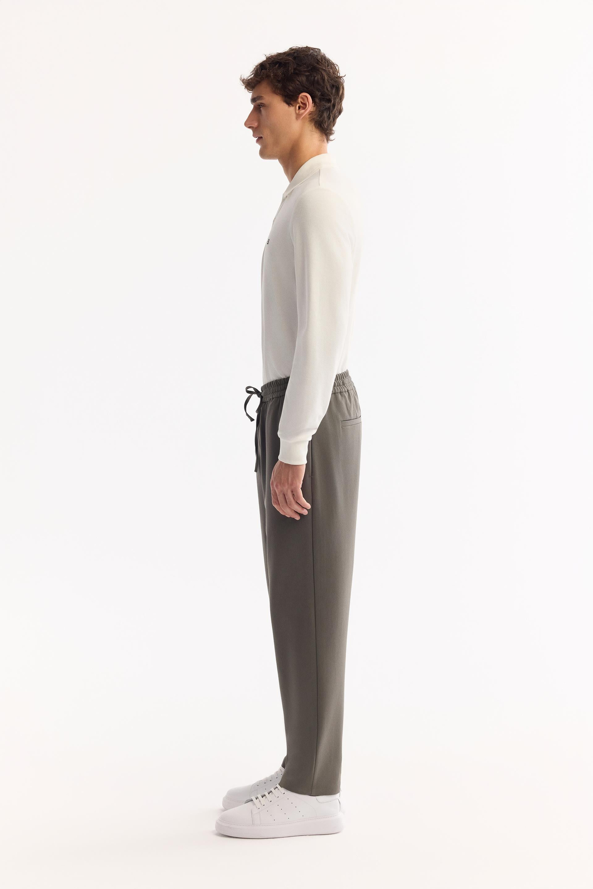 Haki Beli Lastikli Bağcıklı Relaxed Fit Pantolon