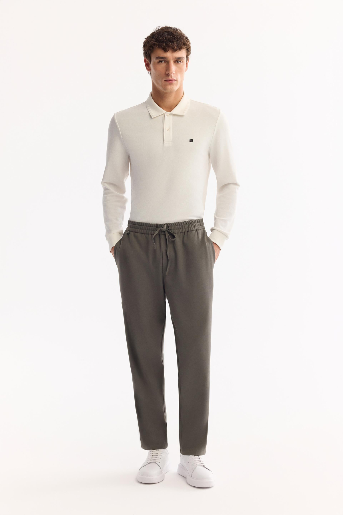 Haki Beli Lastikli Bağcıklı Relaxed Fit Pantolon