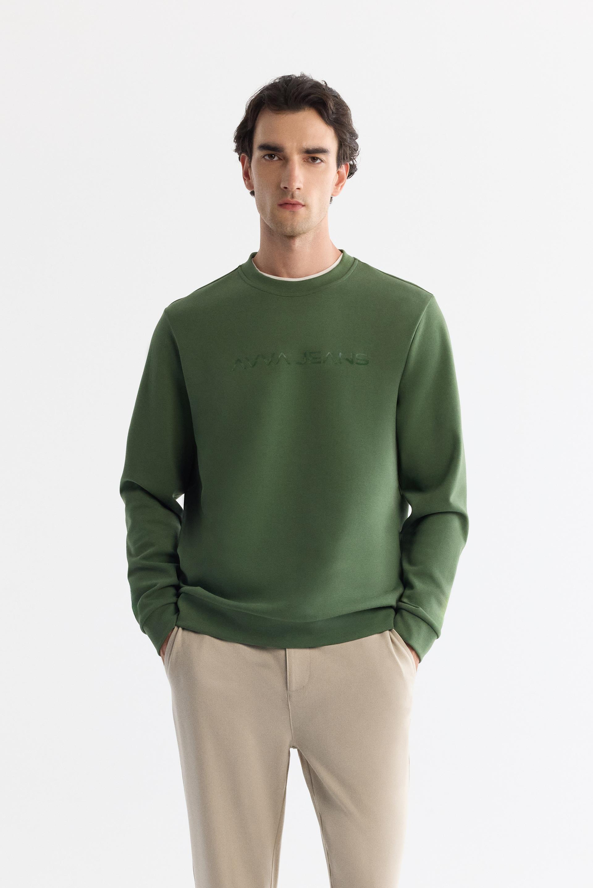 Haki Bisiklet Yaka Pamuklu Baskılı Sweatshirt