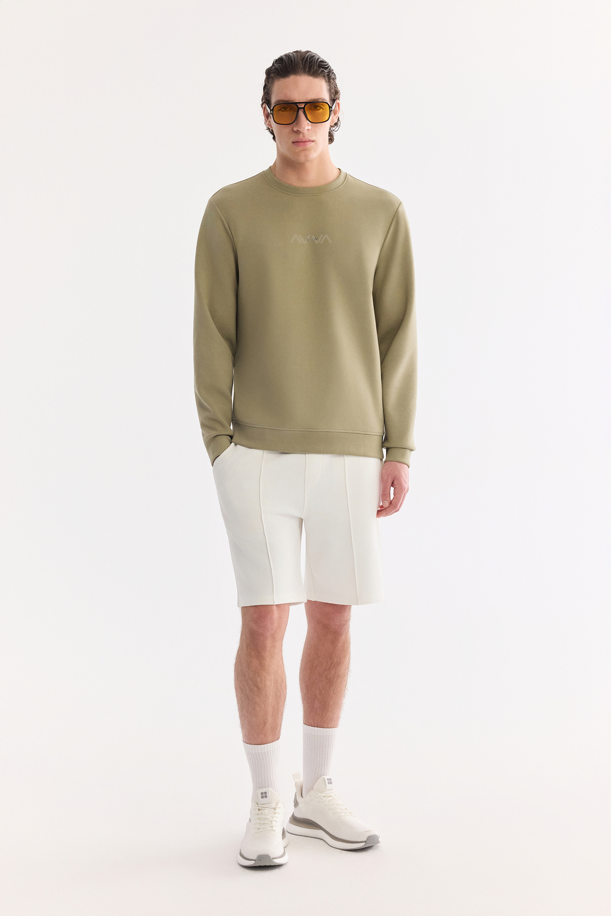 Haki Bisiklet Yaka Pamuklu Kolay Ütülenen Sweatshirt