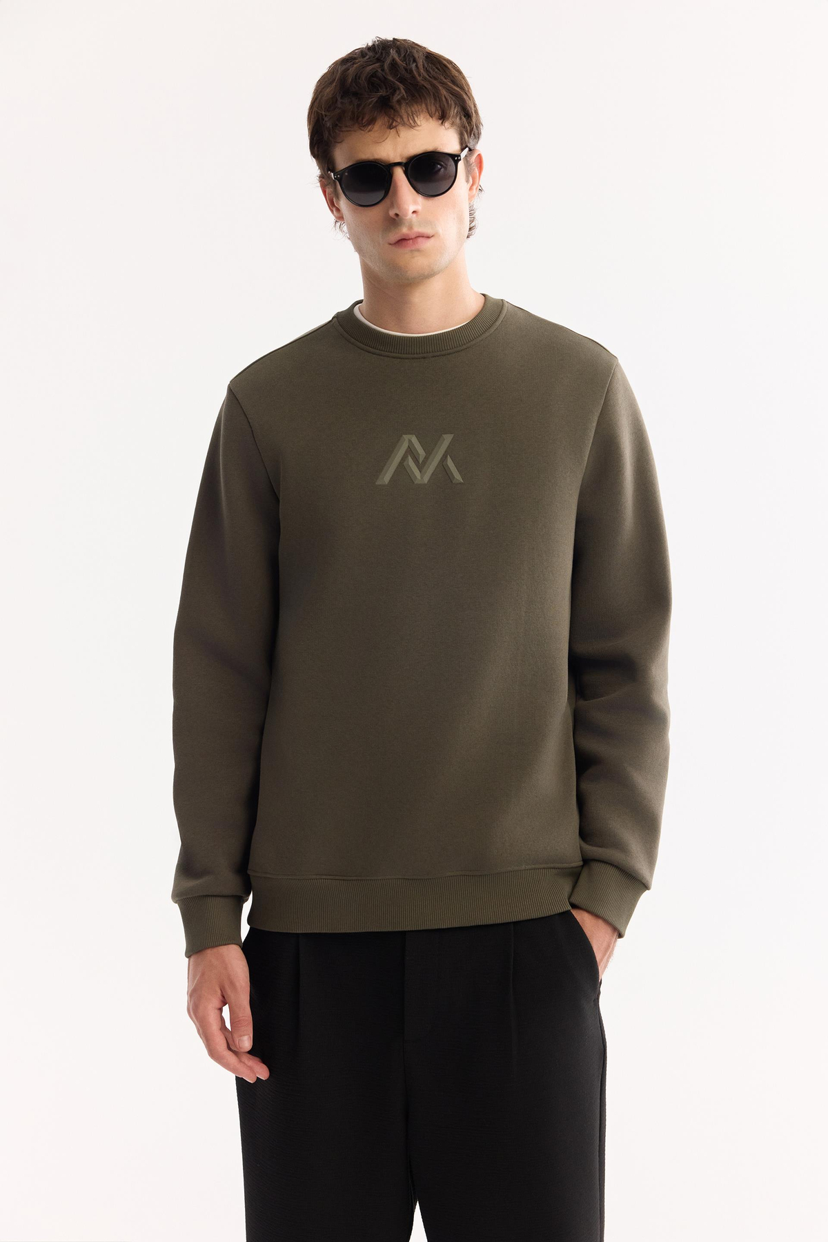 Haki Bisiklet Yaka Piramit Baskılı 3 İplik Şardonlu Sweatshirt