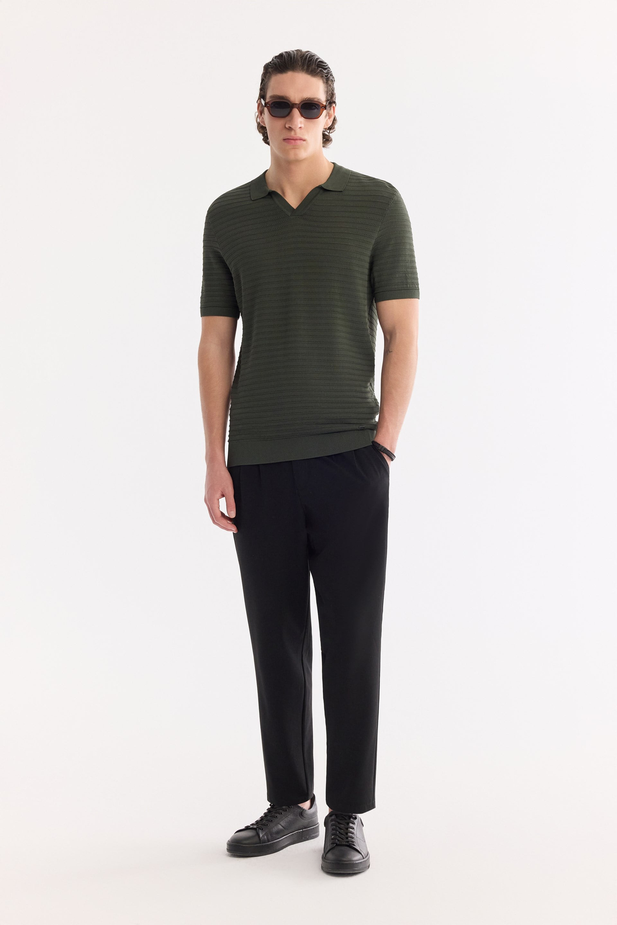 Haki Polo Yaka Düğmesiz Dokulu Triko T-shirt