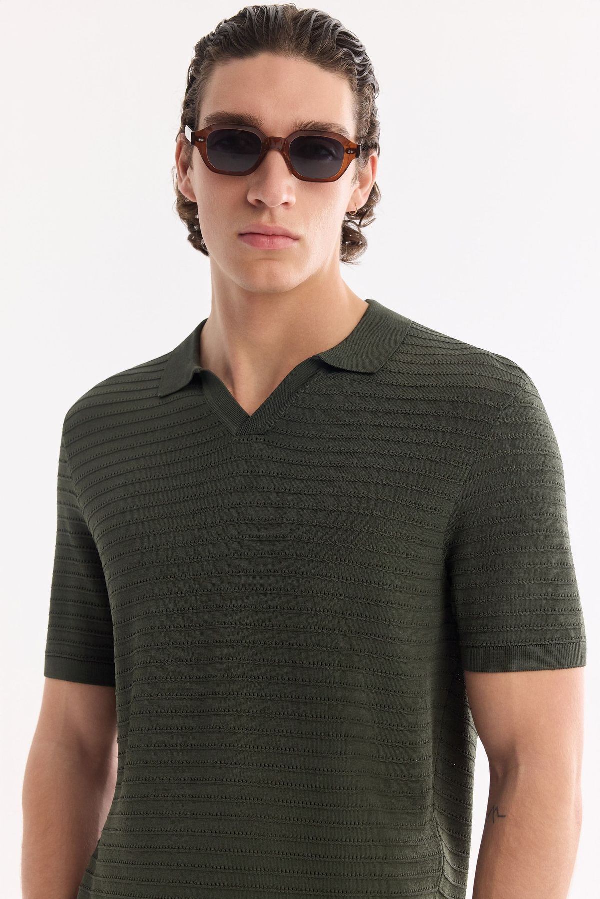 Haki Polo Yaka Düğmesiz Dokulu Triko T-shirt