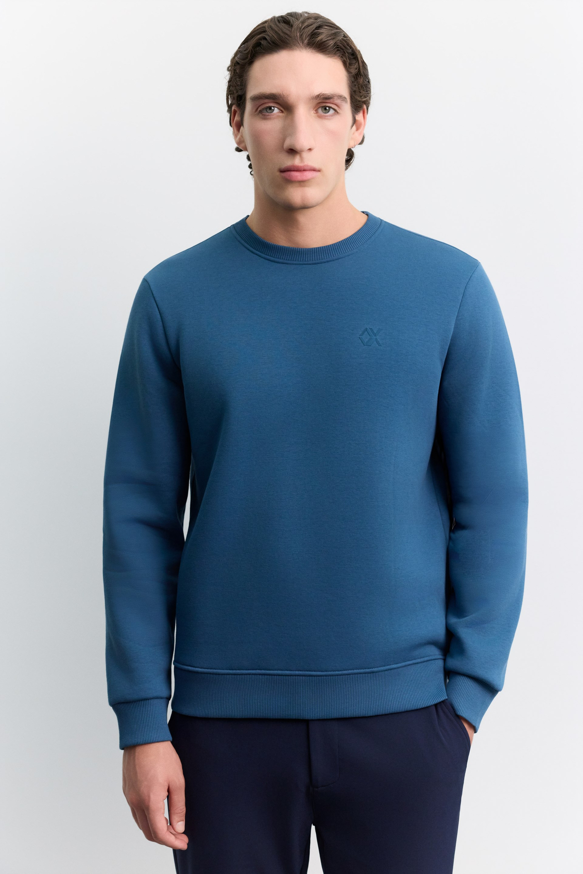 İndigo Bisiklet Yaka 3 İplik Şardonlu -4 Dereceye Dayanıklı Sweatshirt