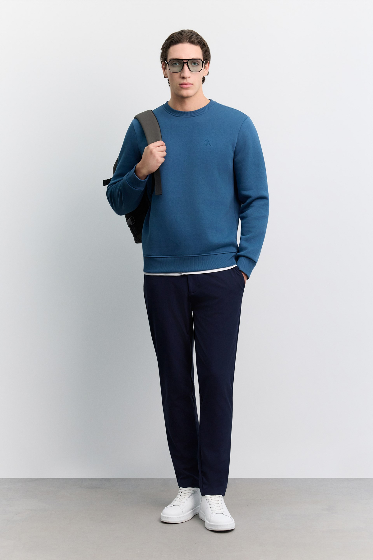 İndigo Bisiklet Yaka 3 İplik Şardonlu -4 Dereceye Dayanıklı Sweatshirt