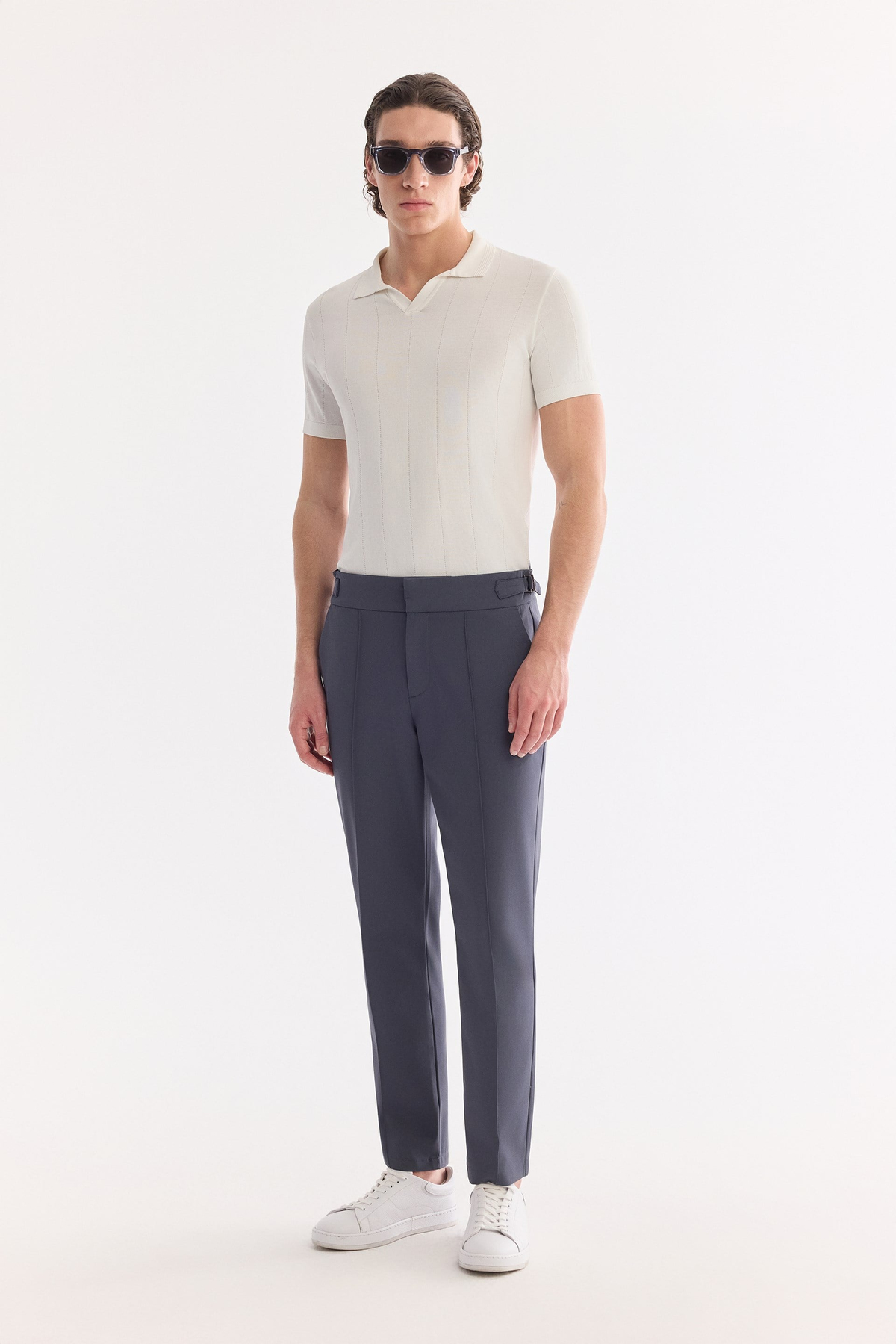 İndigo Nervürlü Yüksek Bel Toka Detaylı Relaxed Fit Pantolon