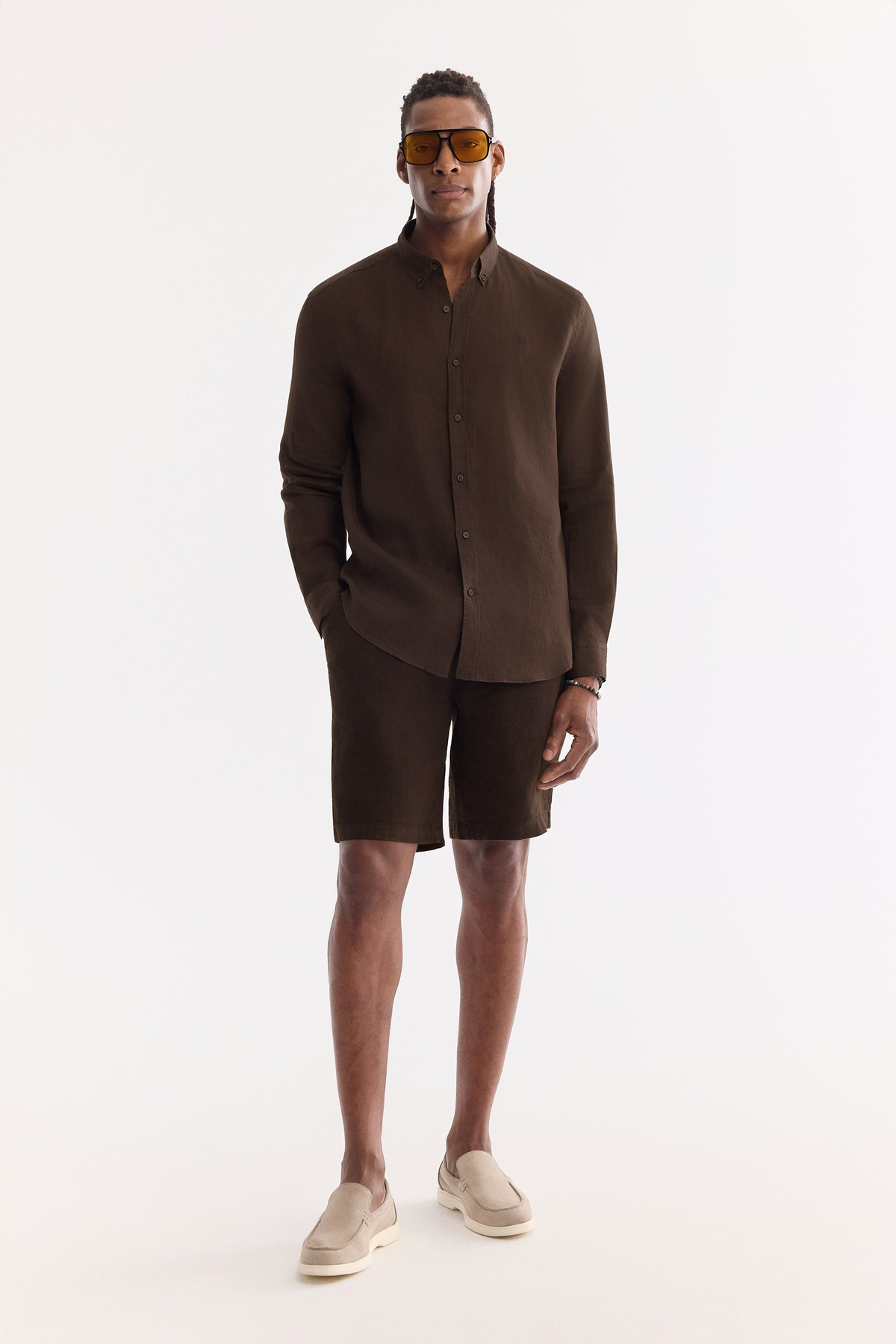 Kahve Beli Lastikli %100 Keten Assos Relaxed Fit Şort