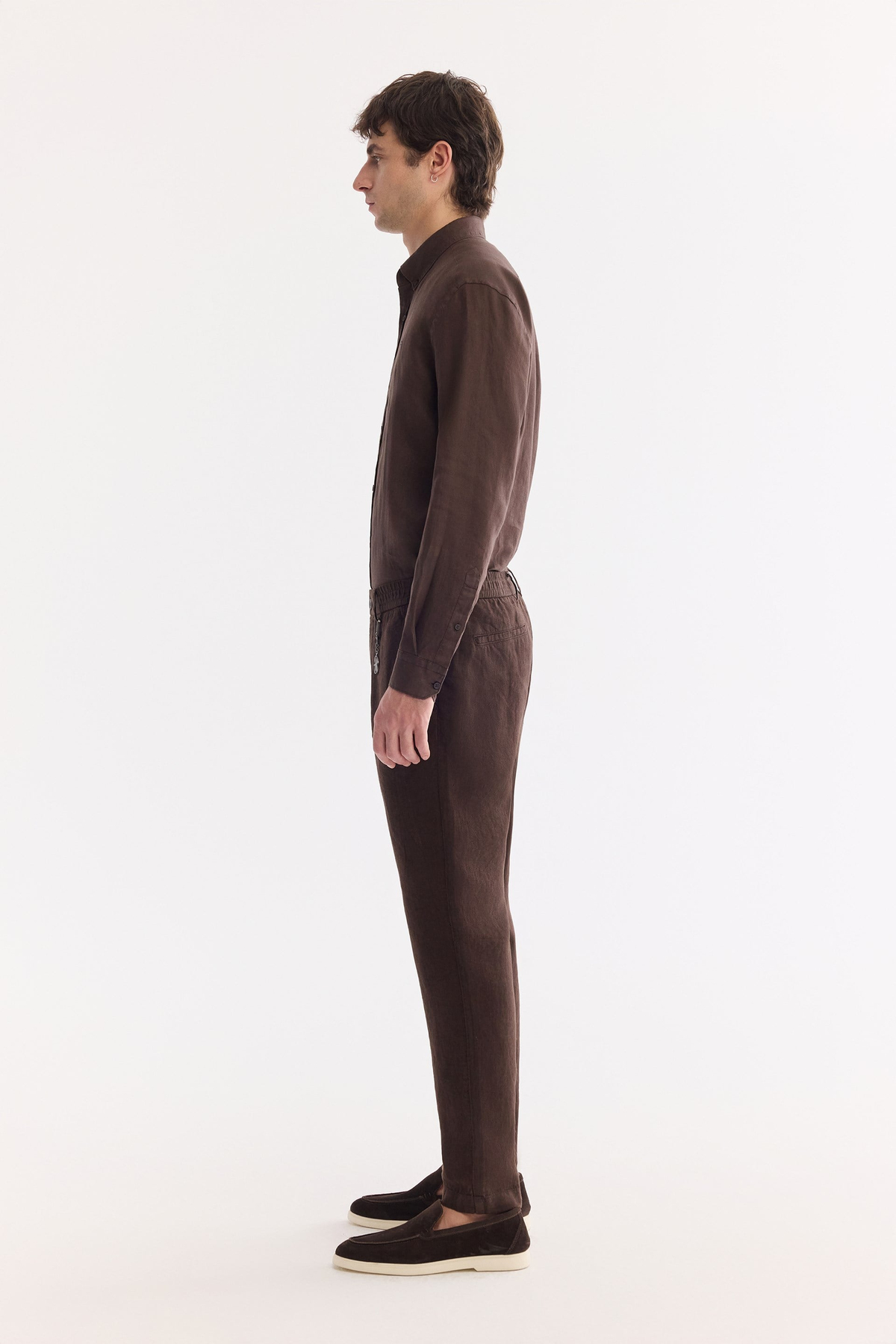 Brown Elastic Waist Drawstring 100% Linen Pants