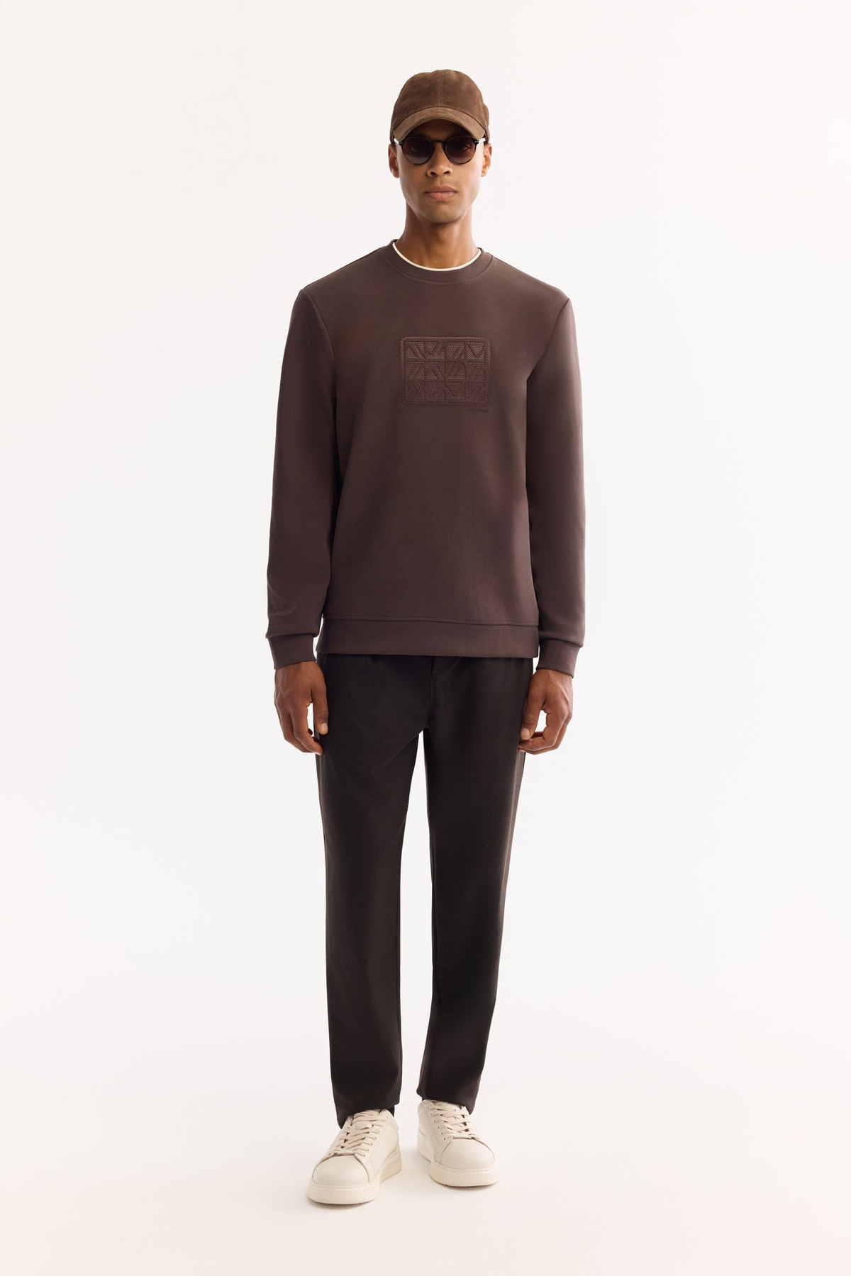 Kahve Bisiklet Yaka Aplike Baskı   İnterlok Sweatshirt