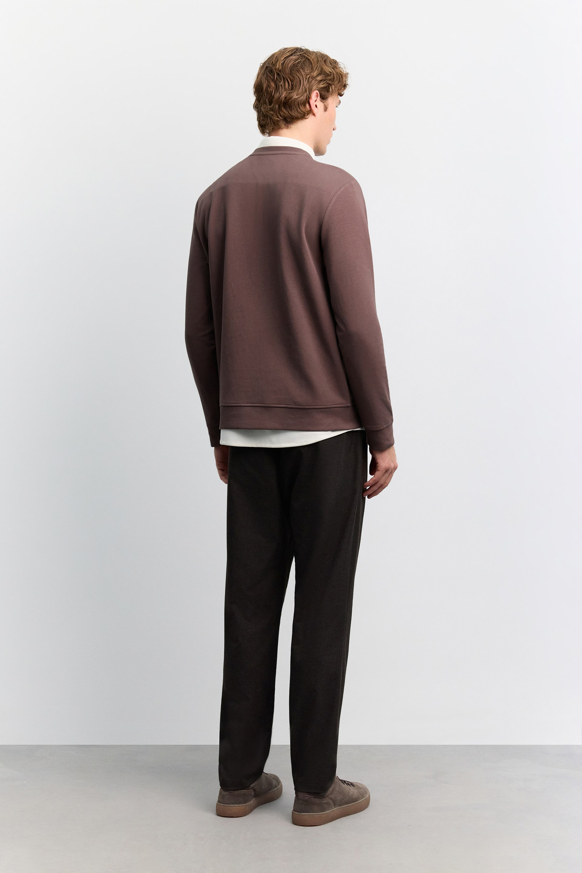 Kahve Bisiklet Yaka Boyuna Çizgi Silikon Baskılı İnterlok Sweatshirt