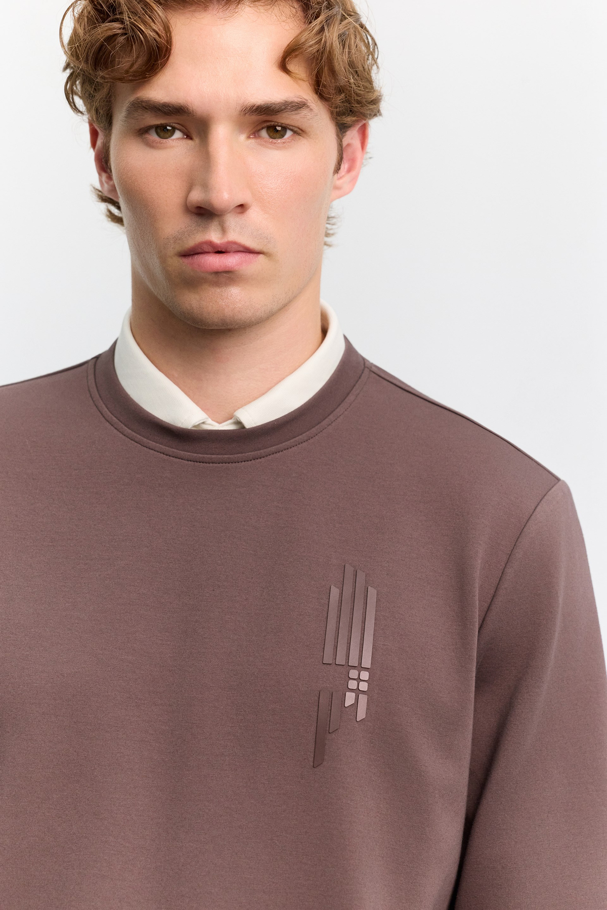 Kahve Bisiklet Yaka Boyuna Çizgi Silikon Baskılı İnterlok Sweatshirt