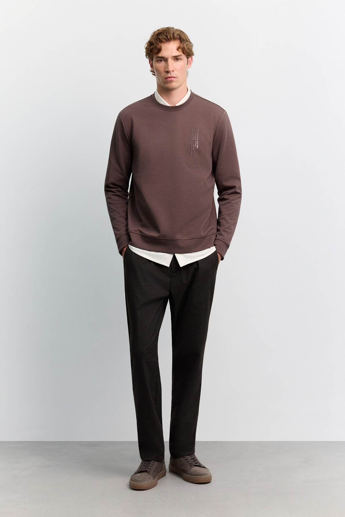 Kahve Bisiklet Yaka Boyuna Çizgi Silikon Baskılı İnterlok Sweatshirt