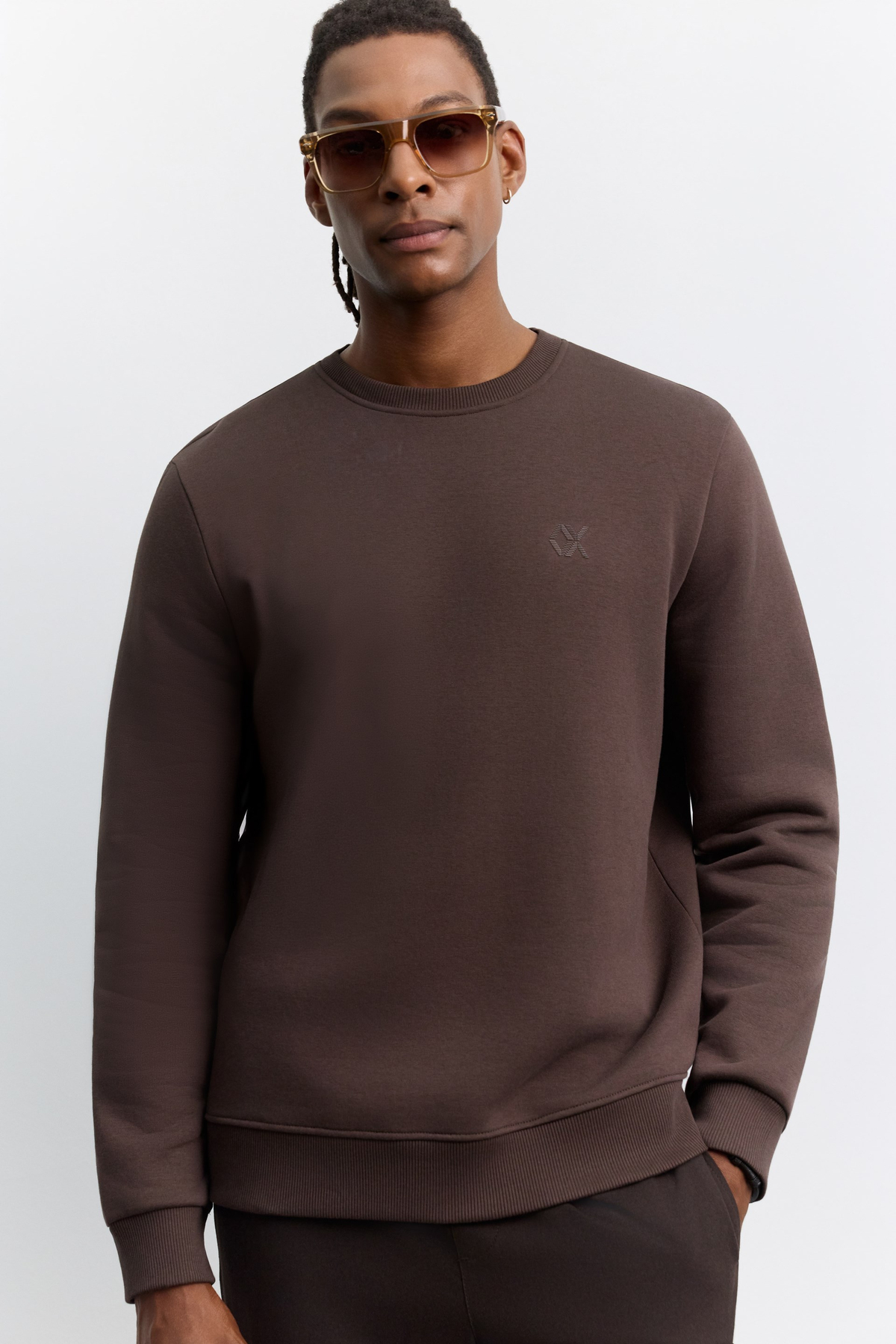 Kahve Bisiklet Yaka Enjeksiyon Baskılı 3 İplik Şardonlu Sweatshirt