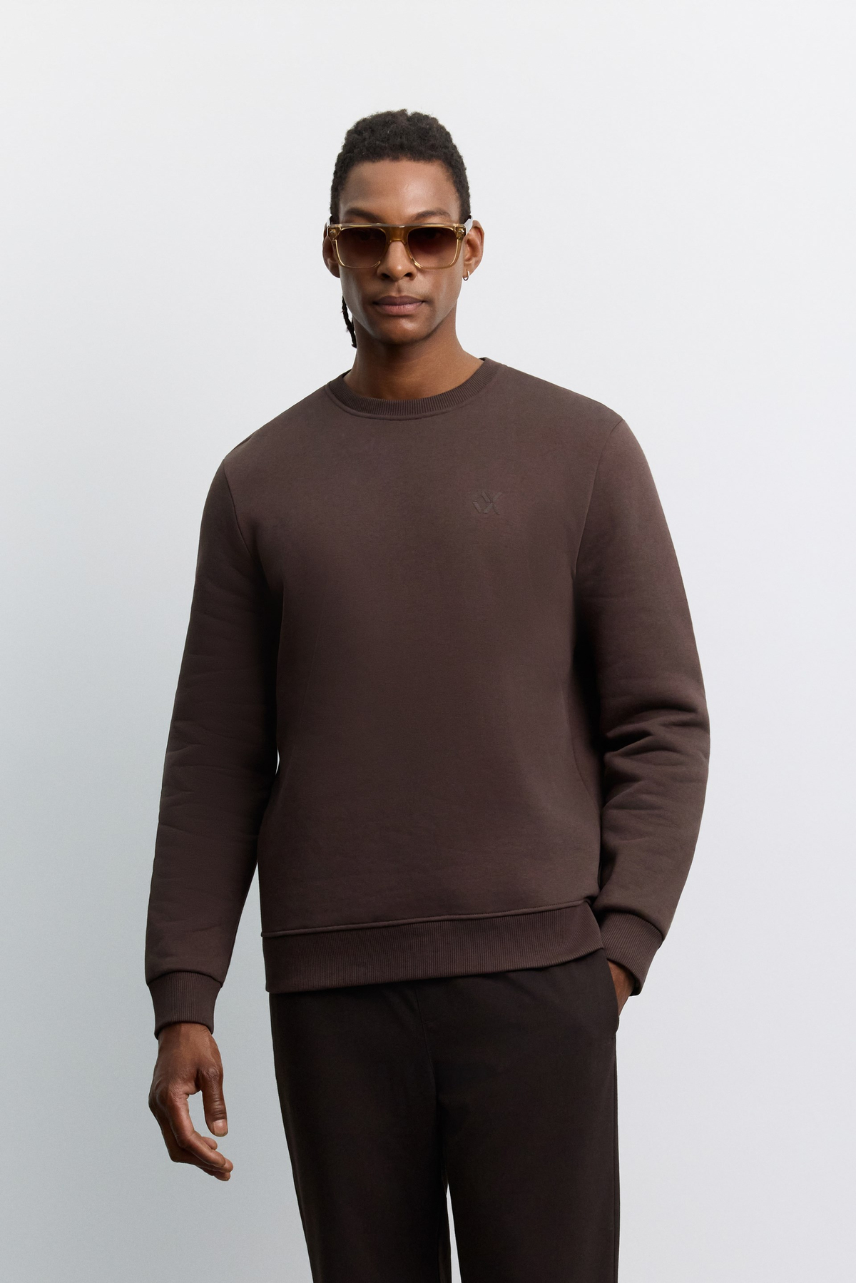 Kahve Bisiklet Yaka Enjeksiyon Baskılı 3 İplik Şardonlu Sweatshirt